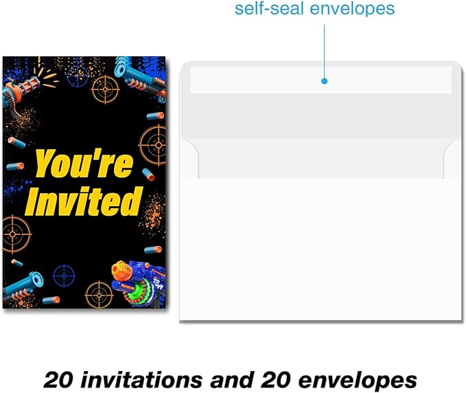 Soiceu Nerf War Birthday Invitations Dart Gun Battle Boys Party Invites with Envelopes Set of 20