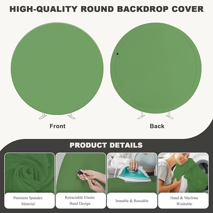 Gallety 7.2FT Sage Green Round Backdrop Cover with Size Adjuster & 4 Metal Clips, Universal Fit for 5ft-7.2ft Circle Stand, Polyester Fabric Arch Backdrop Cover for Wedding, Birthday Party Decor