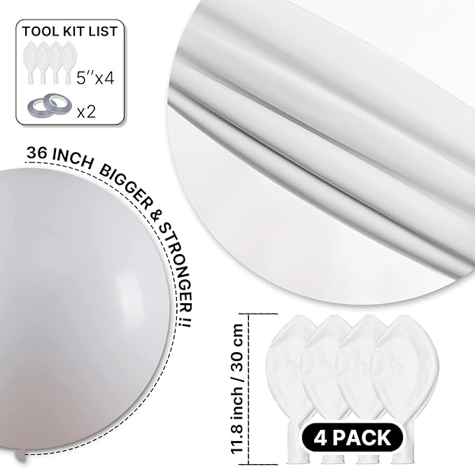 PartyWoo White Balloons 4pcs 36 Inch Extra Large Big Jumbo Giant Matte White Latex Helium Balloons for Wedding Bridal Graduation Engagement Baby Shower Birthday Tea Party Decorations White-Y13