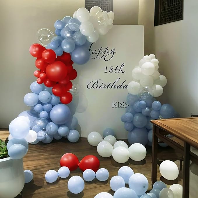 Dusty Blue Gray Red Silver Balloon Arch Kit, 141 Pcs Dusty Blue Retro Grey Metallic Silver Red and Silver Confetti Balloons for Birthday Wedding Baby Bridal Shower