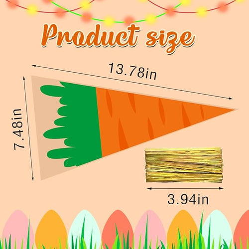 100 Cellophane Gift Bags - Easter Carrot Shape Candy Bags with 100 Twist Ties for Cookies, Candy & Party Decoration - OPPSET01