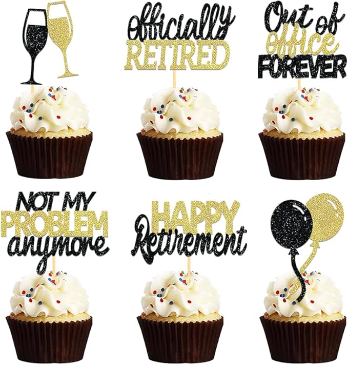 24 Pcs Happy Retirement Cupcake Toppers Officially Retired Cupcake Picks, Out Of Office Forever Retirement Theme Cake Toppers Decorations for Farewell Party Cakes (Black&Gold)