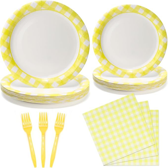 168PCS Party Plates, Scalloped Gingham Paper Plates and Cups and Napkins Sets Party Supplies for Birthday Wedding Bridal Shower Baby Shower Picnic, Serve for 24 Guests (Yellow Gingham)