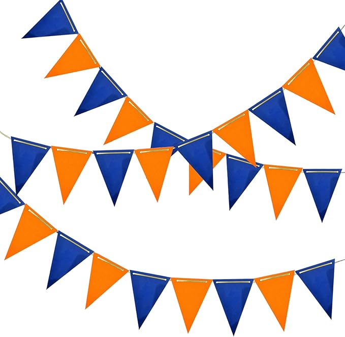 Navy Blue and Orange Pennant Banner 3 Pack Paper Triangle Flag Hanging Decoration for Wedding Birthday Baby Shower Halloween Family Party（36pcs Triangle Flag）