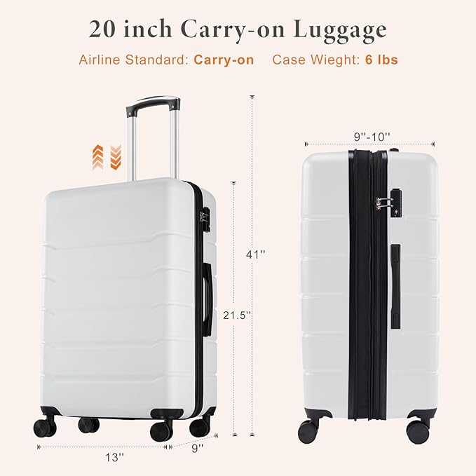 Sweetcrispy Carry on Suitcase, Luggage with Spinner Wheels, Hard Shell ABS, TSA Lock, 20 Inch White