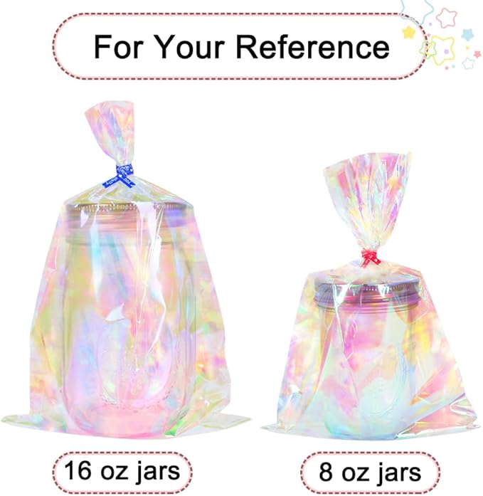 HRX Package 120pcs Iridescent Cellophane Treat Bags with Ties, 6x9 inch Holographic Plastic Goody Bags for Candy Party Favors Small Gifts