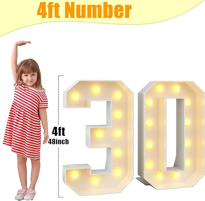 Marquee 4ft Numbers with Light up Number 30 White Mosaic Frame Slots-in Letter 30 for 30th Birthday Party Decorations Pre-Cut Cardboard Large Giant Cut-Out Thick Foam Board Sign Anniversary