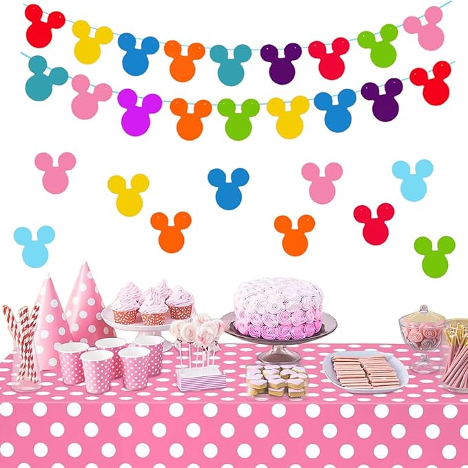 45pcs Rainbow Mouse Head Banner Flags Colorful Felt Fabric Cartoon Banners Reusable Cutouts Mouse Garland for Birthday Party Decoration Supplies, Room Decor, Baby Shower, Classroom Decorations