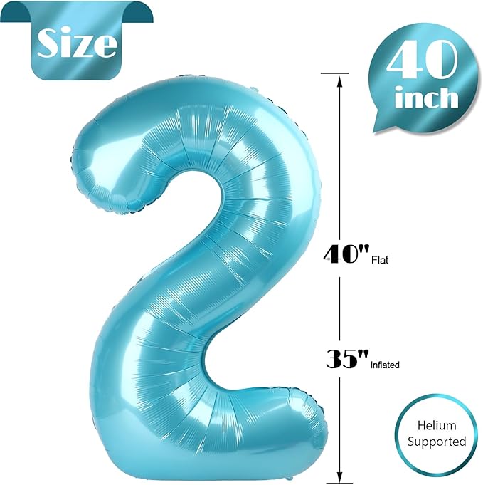 Pearlescent Blue Number 2 Balloon 40 Inch, 2 Balloon Number, 2nd Birthday Decorations for Baby Girls Boys Toddlers