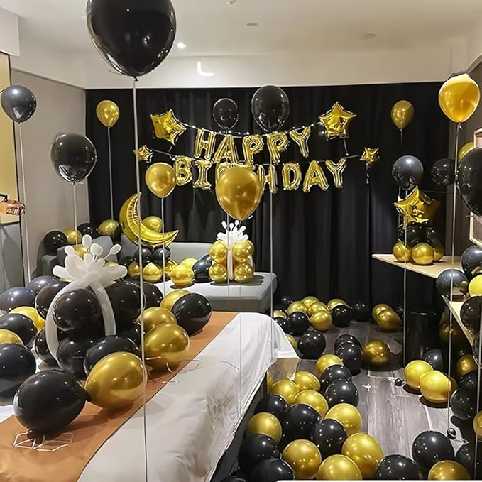 200 Pcs Black and Gold Balloons 12 Inch Latex Black Metallic Chrome Gold Balloon for Birthday Wedding Bridal Baby Shower Supplies Graduation Party Decorations
