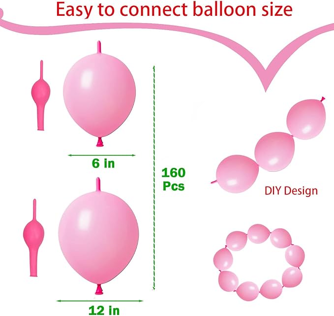 Link Balloons Pink 6 Inch 12 Inch Latex Quick Linkale Balloon 160 Pcs for Birthday, Halloween, Christmas, Party Festival Decorations