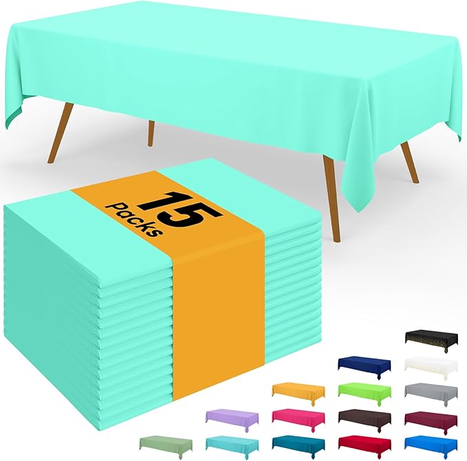 Smiry Disposable Table Cloth - 15 Pack, 54 x 108 Inch Waterproof Rectangle Tablecloths for Parties, Decorative Plastic Table Cover, Leakproof & Sturdy, Mint Green