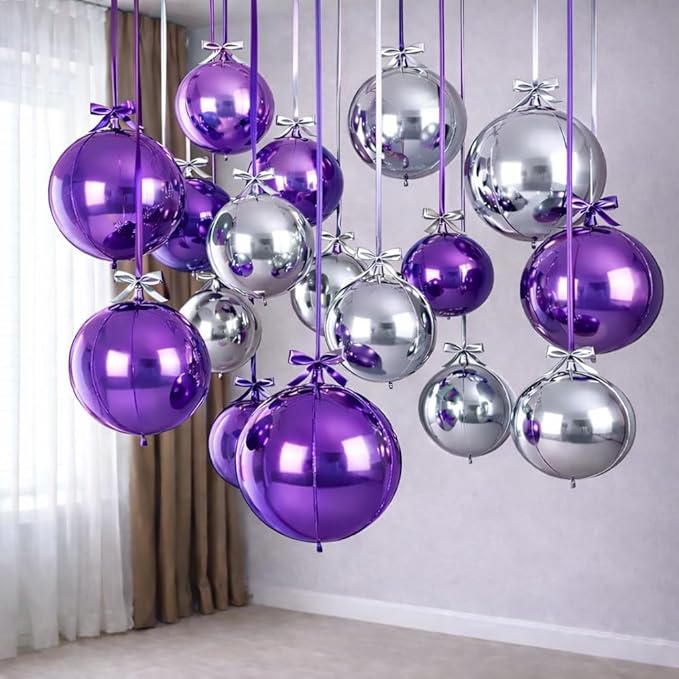 Togvu Purple Silver Round Foil Balloons, 16PCS Different Sizes 4D Metallic Balloon Large Sphere Mirror Ball Balloons for Prom Graduation New Year Birthday Party Ceiling Decorations Supplies