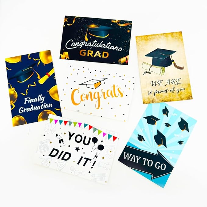 6 Pack Gold Foiled 5x7in 2025 Graduation Cards 2025 with Envelopes and Stickers, 6 Elegant Designs Graduation Card Pack