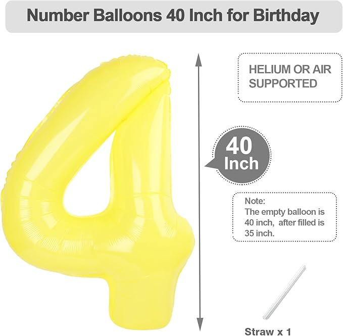 4 Birthday Balloons, 40 Inch 4 Balloons for Birthday Party Decoration, Yellow Number 4 Ballon for 4, 14, 24, 40 Celebration, Halloween, Christmas, Anniversary Decor