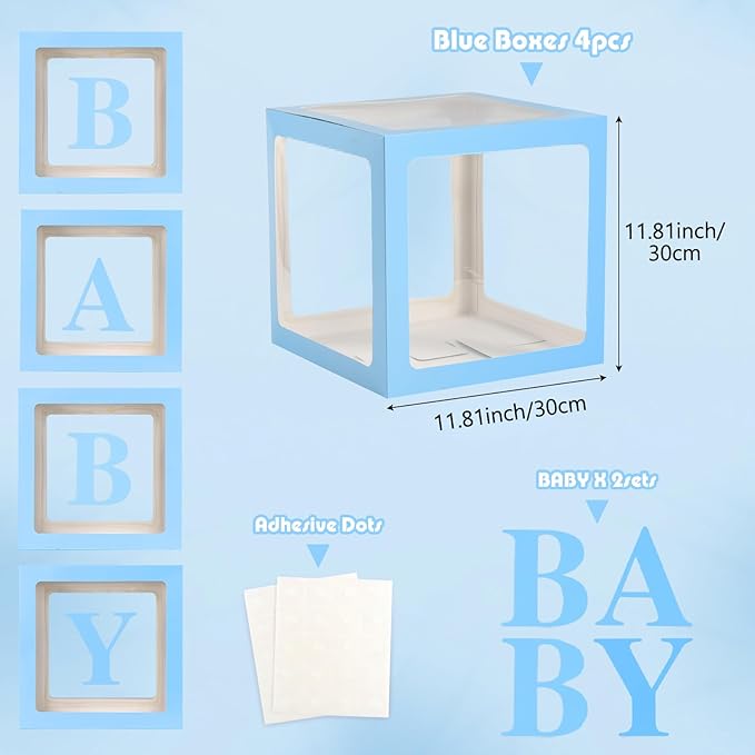 Baby Boxes with Letters for Baby Shower, 4 Transparent Balloon Boxes with Letters for Gender Reveal Birthday Wedding Baby Shower Decorations (Blue)