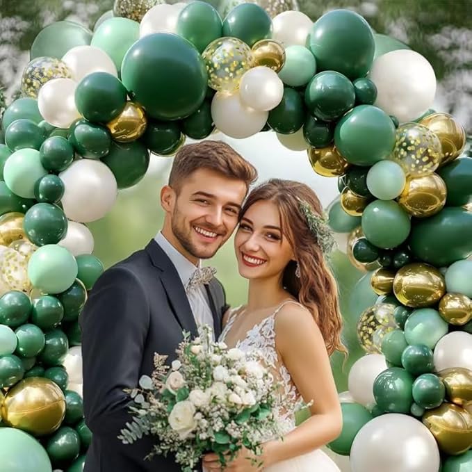 Green Gold Balloon Garland Kit, Double Stuffed Dusty Dark Forest Green Pearl White Gold Metallic Chrome Balloons Arch Kit for Birthday Wedding Party St. Patrick's Day Decoration.