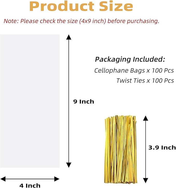 Yotelab Cellophane Treat Bags, 4x9 Inches Clear Cellophane Bags With Twist Ties,100 Pcs