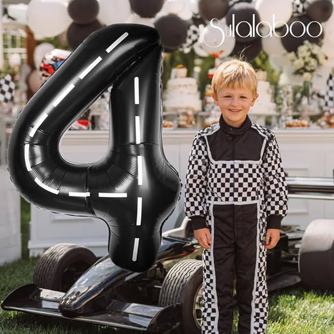 Race Car 40Inch Black 4 Balloon Number Large Helium Race Track 0-9 Giant Digital 4th Foil Mylar Big Party Number Balloons for Boy Birthday Car Theme Party Anniversary Graduation Decorations