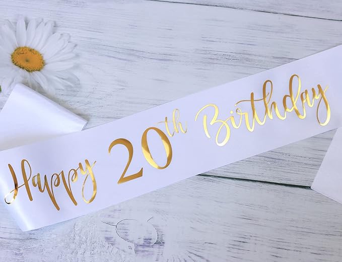 Happy 20th Birthday Sash for Women,Men,Girls and Boys,It's my 20th Birthday Sash White with Gold Foil Lettering.