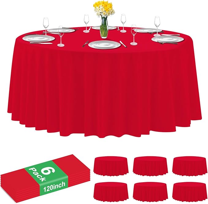 6 Pack Premium Red Plastic Table Cloth -120 Inch Round Tablecloth, Disposable Tablecloth Plastic Table Cover for Parties (6, Red, 120" Round)