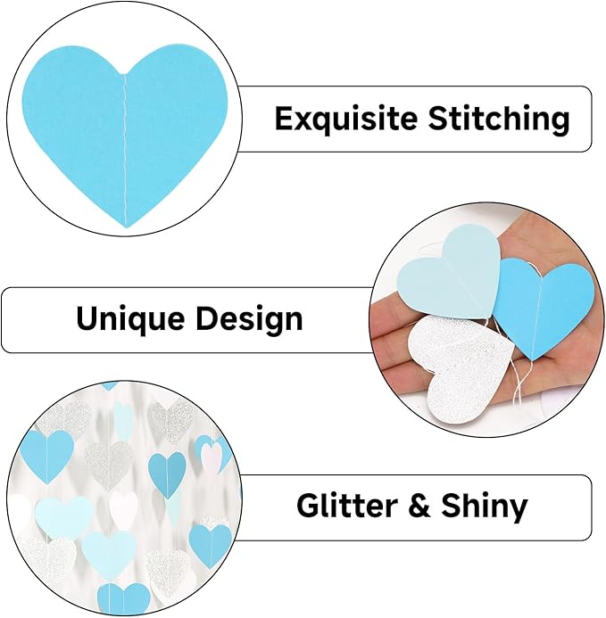 GCQQ Light Blue White Party Decoration - 52FT Glitter Blue Sliver Heart Garland 4 Packs Boy Girl Birthday Hanging Streamers for Valentine's Day Wedding Bachelorette Bridal Baby Shower Graduation Decor