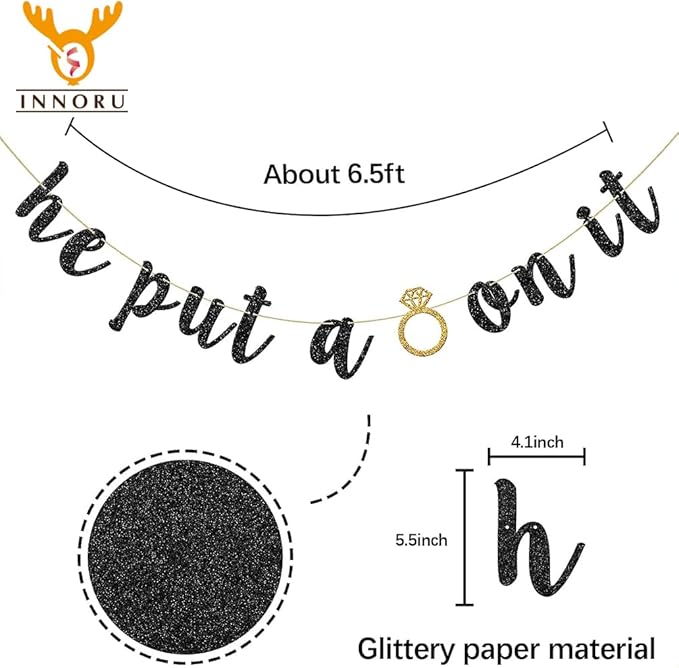 He Put A Ring On It Banner, Black Glitter Engagement Party Decoration Sign for Wedding, Bachelorette, Bridal Showers Party Supplies