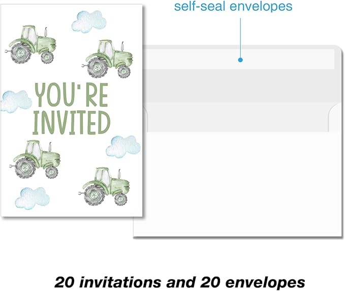 Soiceu Cute Tractor 1st Birthday Party Invitations with Envelopes Set of 20 Green Boy Farm 1st 1 Year Old First Birthday Party Invites
