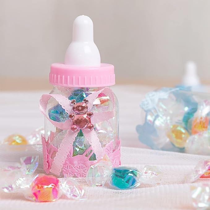 MACTING 2 Dozens Feeding Bottle Candy Box with 6pcs Artificial Flower Rose, 3.5 Inch Boys Girls Favor Baby Bottles for Baby Shower Favor Gift Decoration, Blue Pink