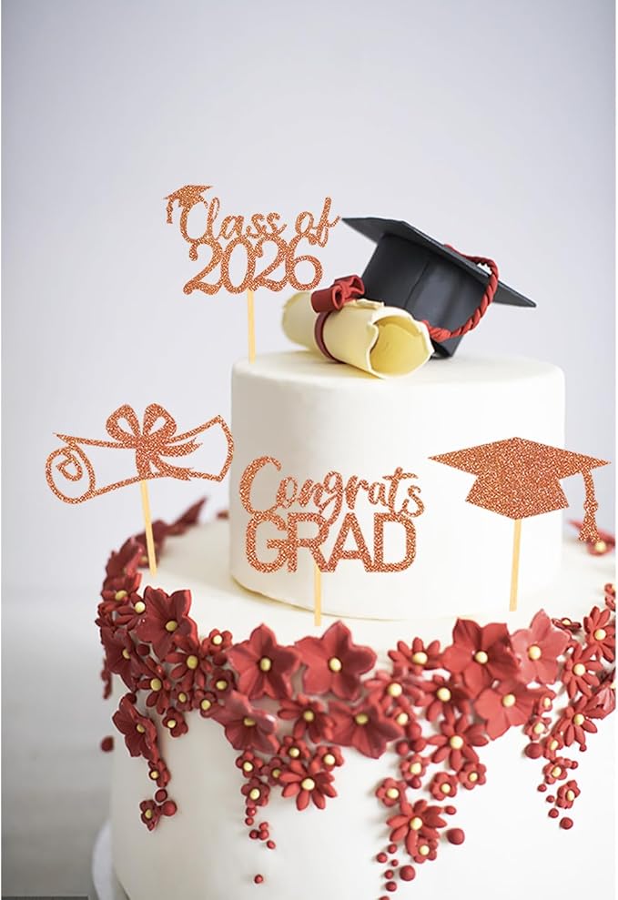 2026 Graduation Theme Cupcake Toppers Glitter Class of 2025 Graduation Cap Diploma Cupcake Picks - Set of 24 (Orange2)