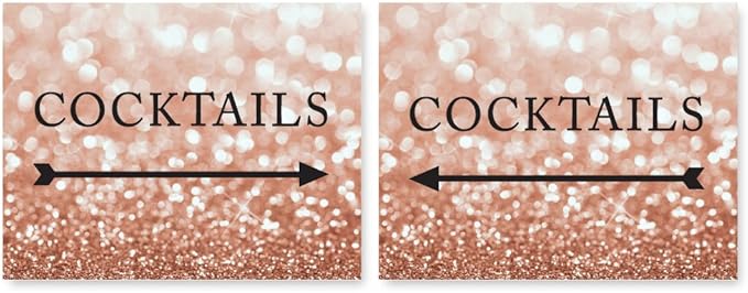 Andaz Press Wedding Party Directional Signs, Glitzy Rose Gold Glitter, 8.5x11-inch, Double-Sided, Cocktails with Big Arrow, 1-Pack, Bokeh Colored Party Supplies