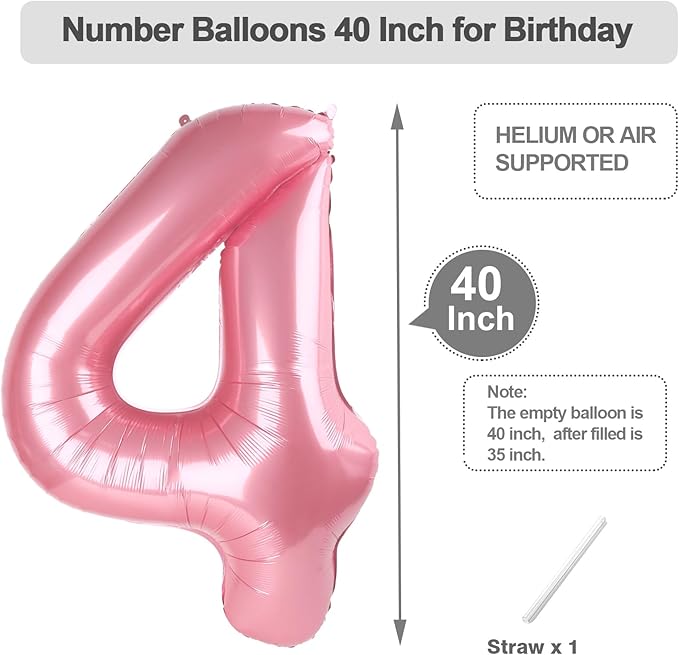 4 Balloon 40 Inch Large Pearl Pink Balloons for 40 Birthday Party Decoration, Number 4 Ballon for 4, 14, 24, 40 Celebration, Birthday, Christmas, Anniversary Decor