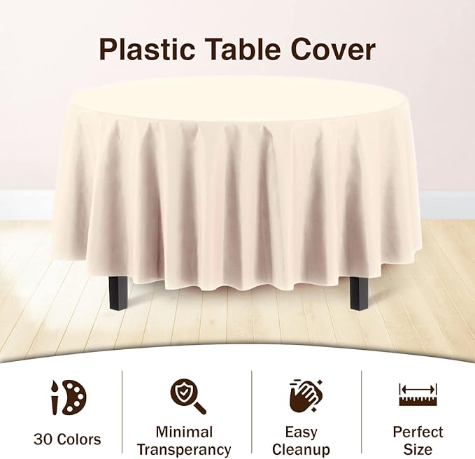 Exquisite Party Solids 6-Pack Premium Plastic Tablecloth 84in. Round Plastic Table Cover - Ivory