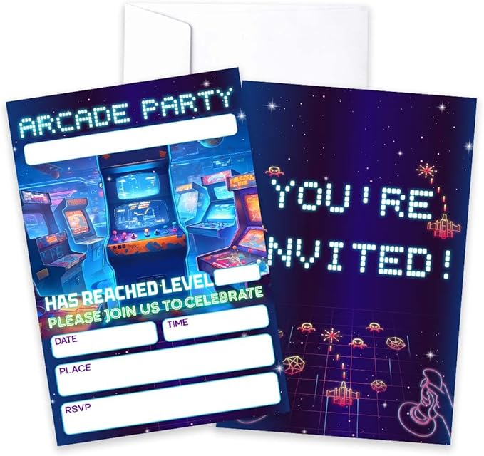 CLIRBE Arcard Games Birthday Party Invitations, Glow Neon Games Birthday Invitations For Brother Bro Teen Boys Girls, 20 Invites Cards With 20 Envelopes, Party Supplies Favors -H12