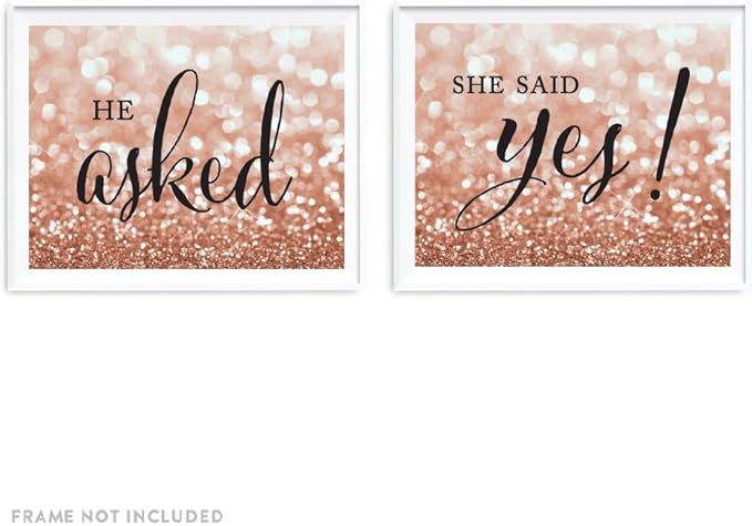 Andaz Press Wedding Party Signs, Glitzy Rose Gold Glitter, 8.5x11-inch, He Asked, She Said Yes! Engagement Save the Date Photoshoot Signs, 2-Pack, Bokeh Colored Party Supplies