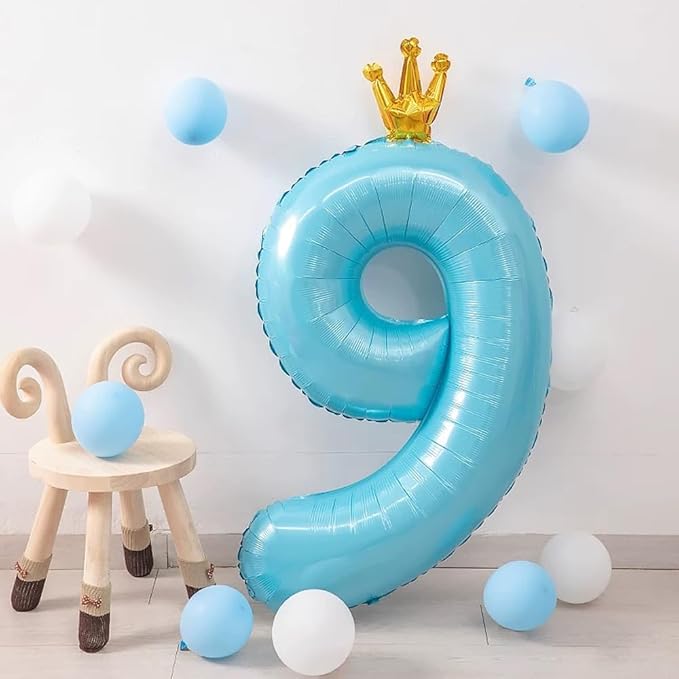 Blue Number 9 Balloon with Crown, 40 inch Blue Number Balloon 9th Birthday Party Decoration BlueCrown Balloons 0-9 for Birthday Party Anniversary Decorations Supplies