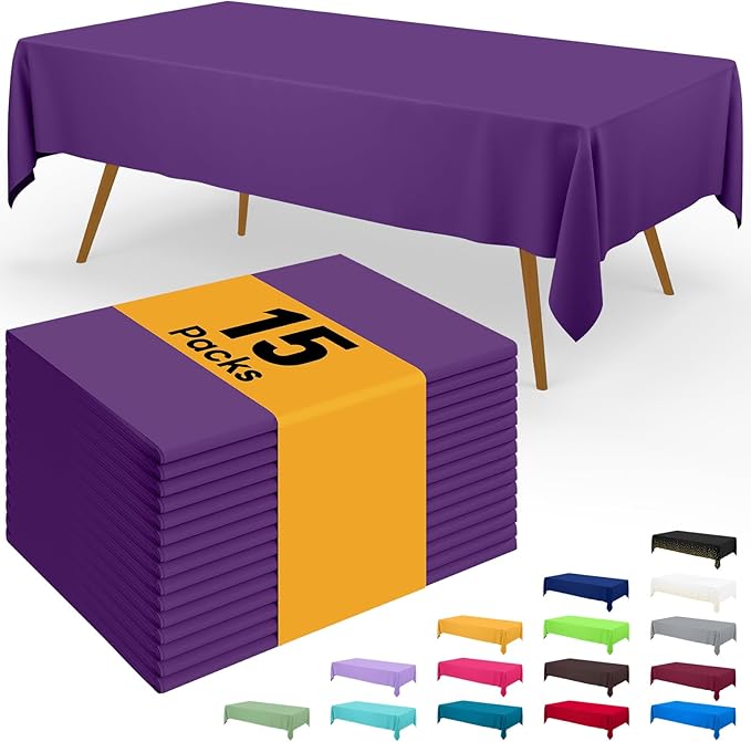 Smiry Disposable Table Cloth - 15 Pack, 54 x 108 Inch Waterproof Rectangle Tablecloths for Parties, Decorative Plastic Table Cover, Leakproof & Sturdy, Purple