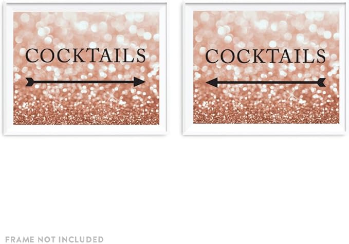 Andaz Press Wedding Party Directional Signs, Glitzy Rose Gold Glitter, 8.5x11-inch, Double-Sided, Cocktails with Big Arrow, 1-Pack, Bokeh Colored Party Supplies