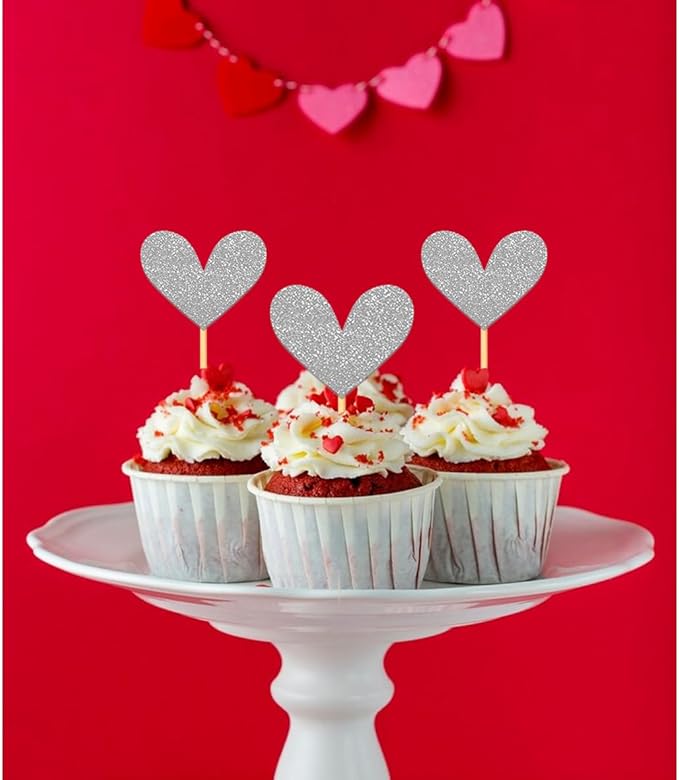 24Pcs Glitter Heart Cupcake Toppers for Valentine's Day Decorations, Mixed Size Double-Sided Heart Valentine's Day Cupcake Toppers for Wedding Bridal Shower Party Decorations (Silver)