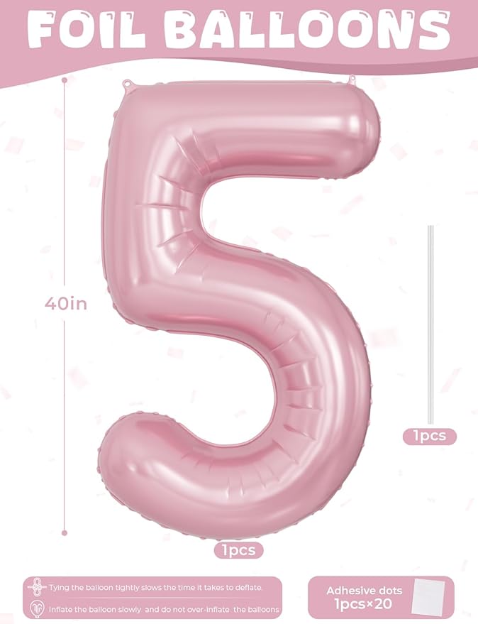 Pink Number 5 Balloons – 40 Inch Giant Foil Number Balloon, Light Pink Number Balloon for Girls Birthday, Baby Shower & Princess Theme Party Decorations