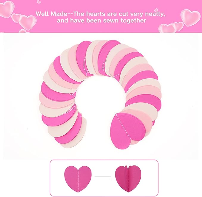 GCQQ Valentines Decorations - 3D Hot Pink Valentine's Day Decoration Paper Garland 39Ft Bridal Shower Decorations Hanging Heart Streamers for Mothers Day Galentines Day Wedding Birthday Party Decor