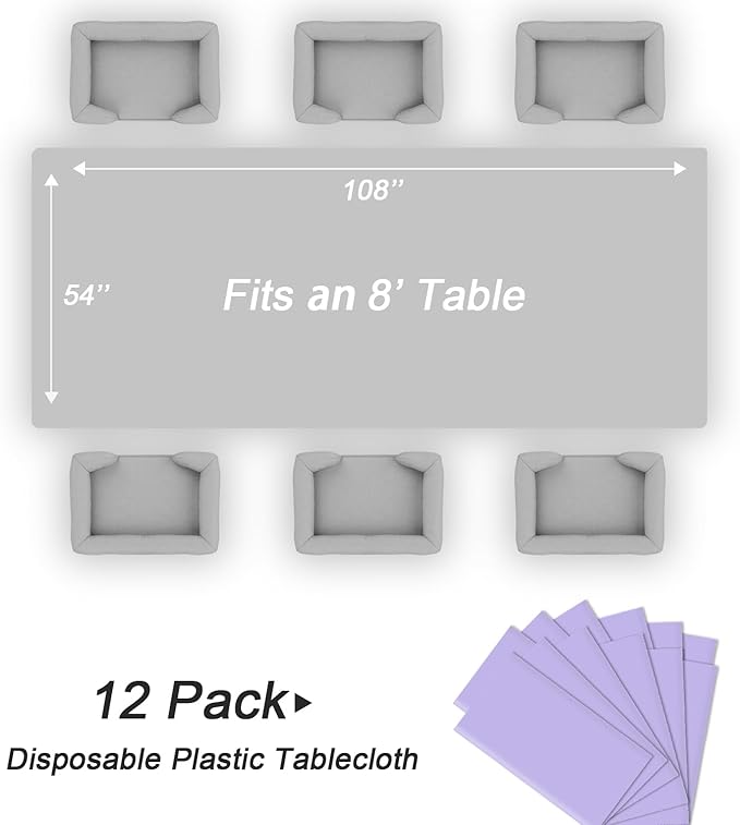 QIKSION Lavender Plastic Table Cloth Disposable 12 Pack, 54 x 108 Inch Tablecloths for Birthday Party Supplies, Easter Decorations, Light Purple, Pastel, Lilac Rectangle Table Cover