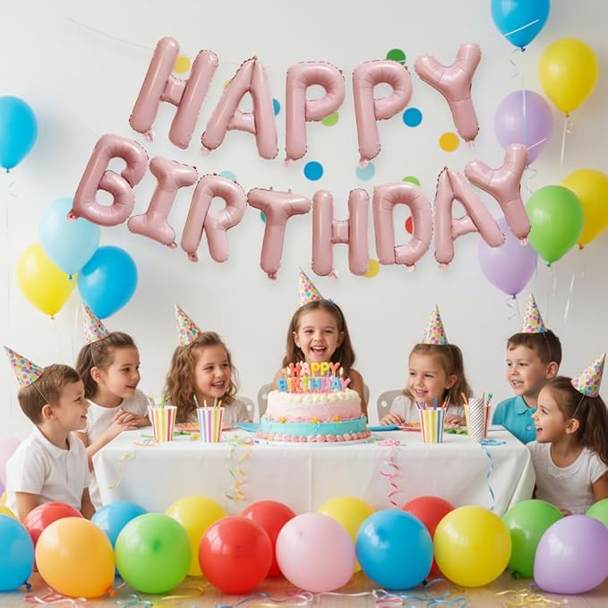 KALOR Baby Pink Happy Birthday Balloons Banner, 16 Inch Mylar Foil Letters Balloon Sign for Birthday Party Decorations Photo Booth Backdrop