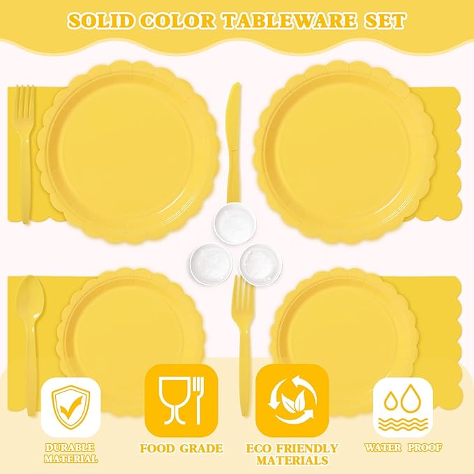 Vyntra 350 Pcs Yellow Disposable Paper Plates and Napkins Set for 50, 9" Dinner Plates & 7" Dessert Plates, Tableware for Birthday, Baby Shower, Picnic, Party