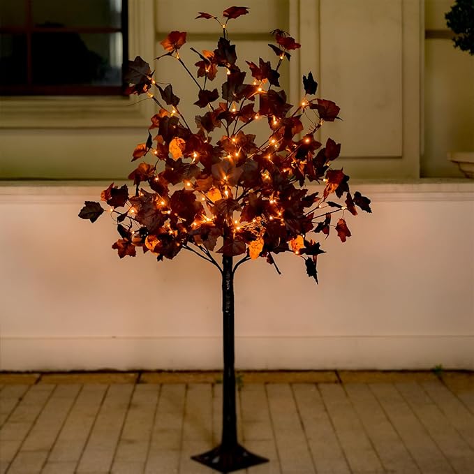 4ft Black Maple Halloween Tree with LED Skull Lights & Spiders - Indoor/Outdoor Waterproof Decor - 96 Bulbs, Dimmable Timer, 16ft Cord