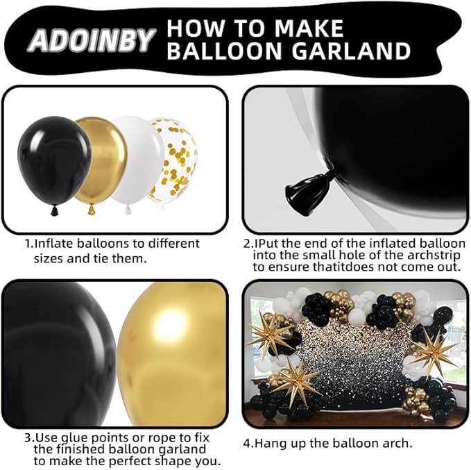 Black and Gold Balloon Garland Arch Kit, 185Pcs Explosion Star Black White Metallic Gold Confetti Latex Balloons for Birthday Anniversary Wedding Engagements Baby Shower Party Decorations