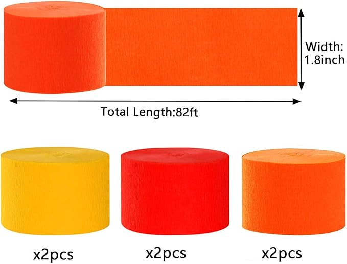 We Moment Red and Orange Yellow Crepe Paper Streamers 1.8 Inch Widening 6 Rolls,Red and Orange Yellow Party Decorations Streamer 82 feet per roll for Birthday Party Decorations