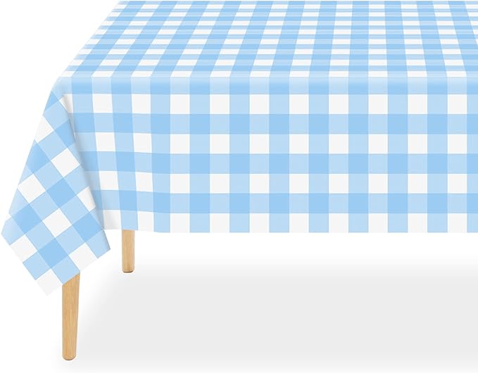 QIKSION Light Blue Gingham Tablecloth Disposable 3 Pack, 54 x 108 Inch Blue and White Checkered Table Cloth for Baby Shower, Easter Decorations, Birthday Party, Rectangle, Plastic Table Cover