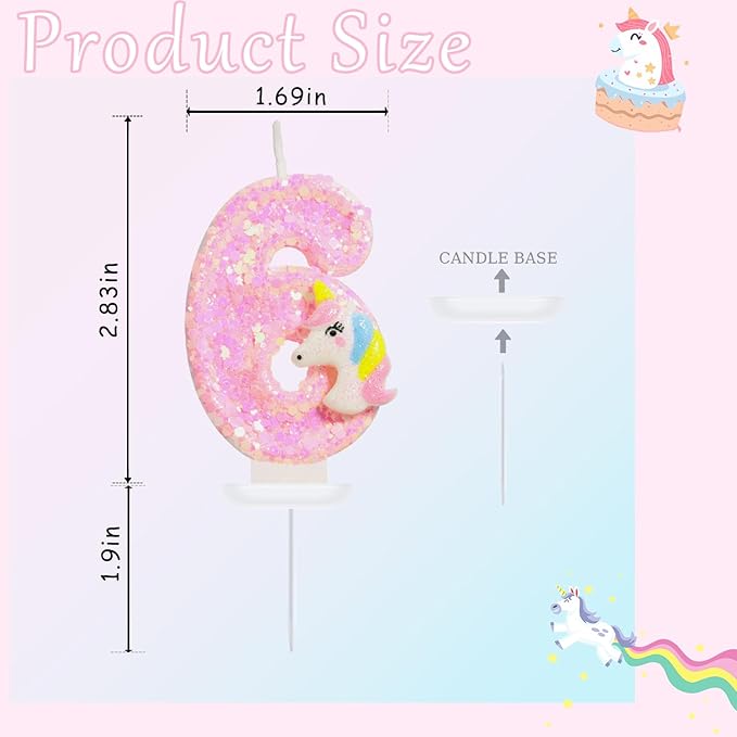 Birthday Candles - Number 6 Candle, 6th Birthday Decorations for Girl, Pink Unicorn Candles for Cake Topper, Cartoon Theme Party Supplies