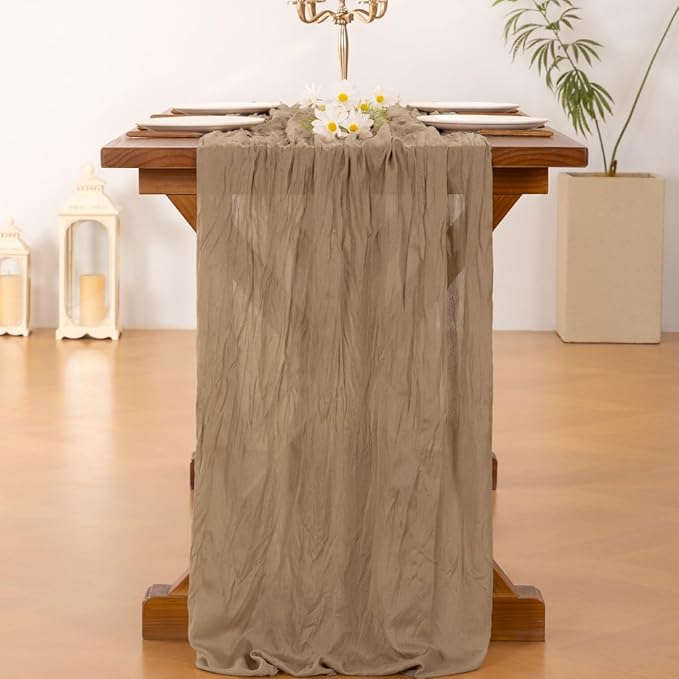 Socomi 3pcs Nude Brown Cheesecloth Table Runner Easter Spring Boho Rustic Gauze 120 inch 10FT Cheese Cloth Runner for Wedding Party Baby Shower Birthday Home Decor Holiday Decorations